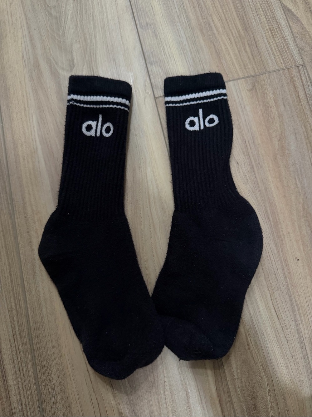 ALO Yoga Black Crew Socks with White Logo Stripes